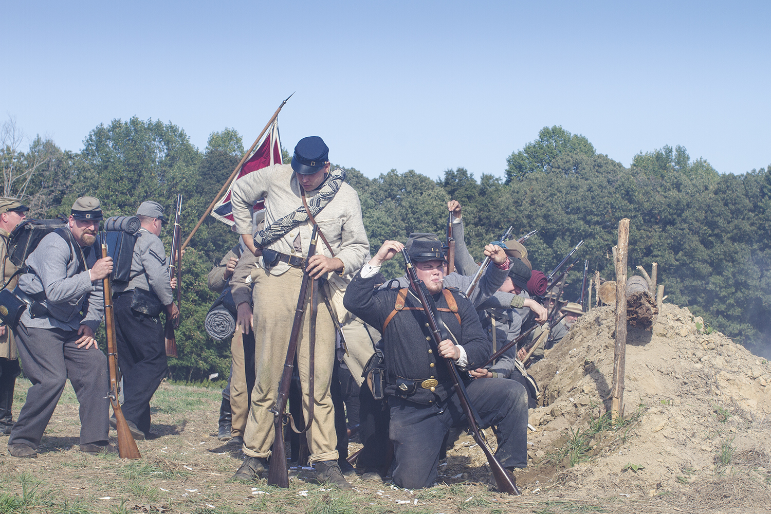  Confederate reenactors fire at Union troops, during a staging of the battle of New Market Heights. Henrico, Co., Virginia, September 2014 