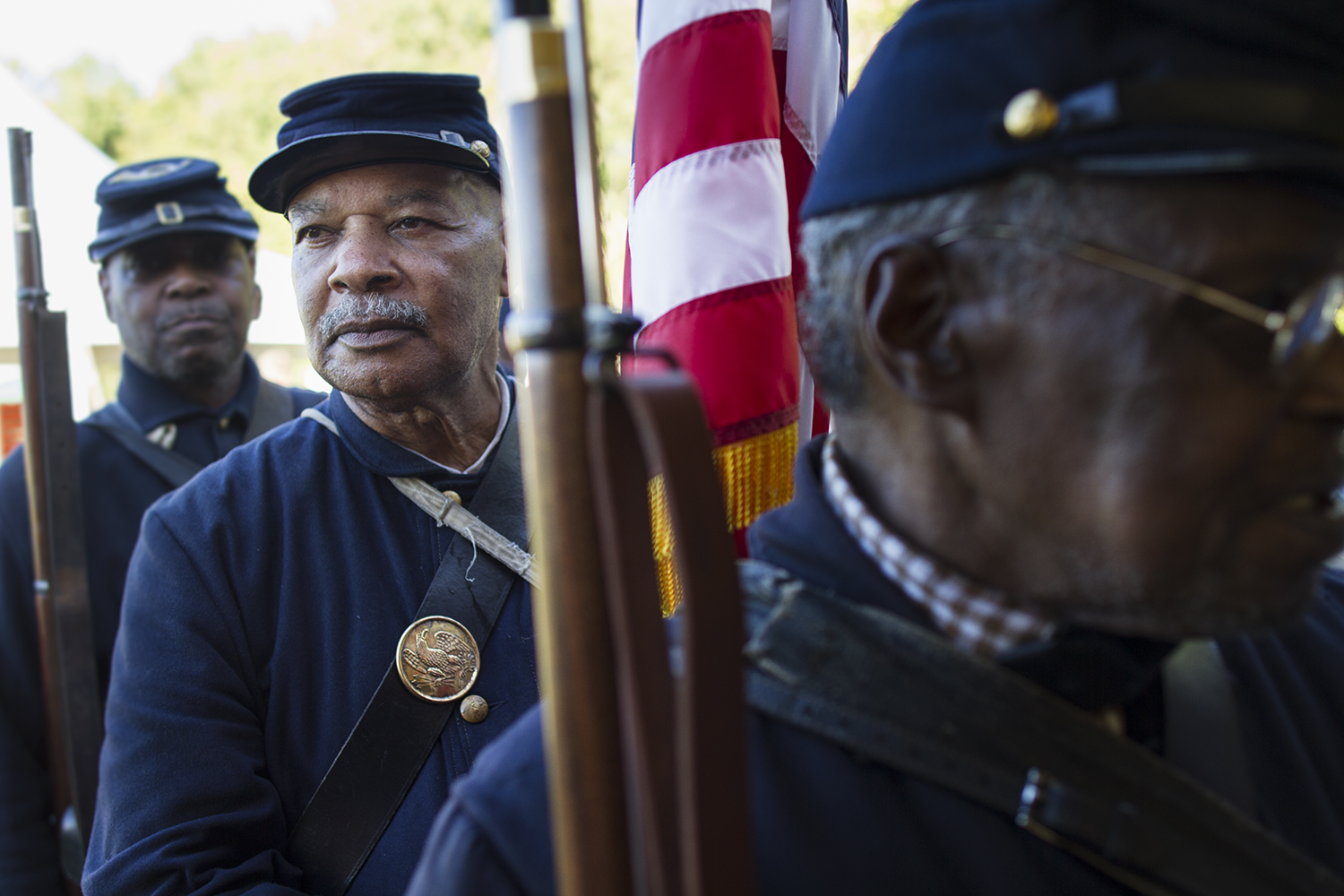  USCT standard bearers line up before ceremony honoring the 16 men — 14 of them African American — awarded the Medal of Honor years after the battle of New Market Heights. Henrico, Co., Virginia, September 2014   