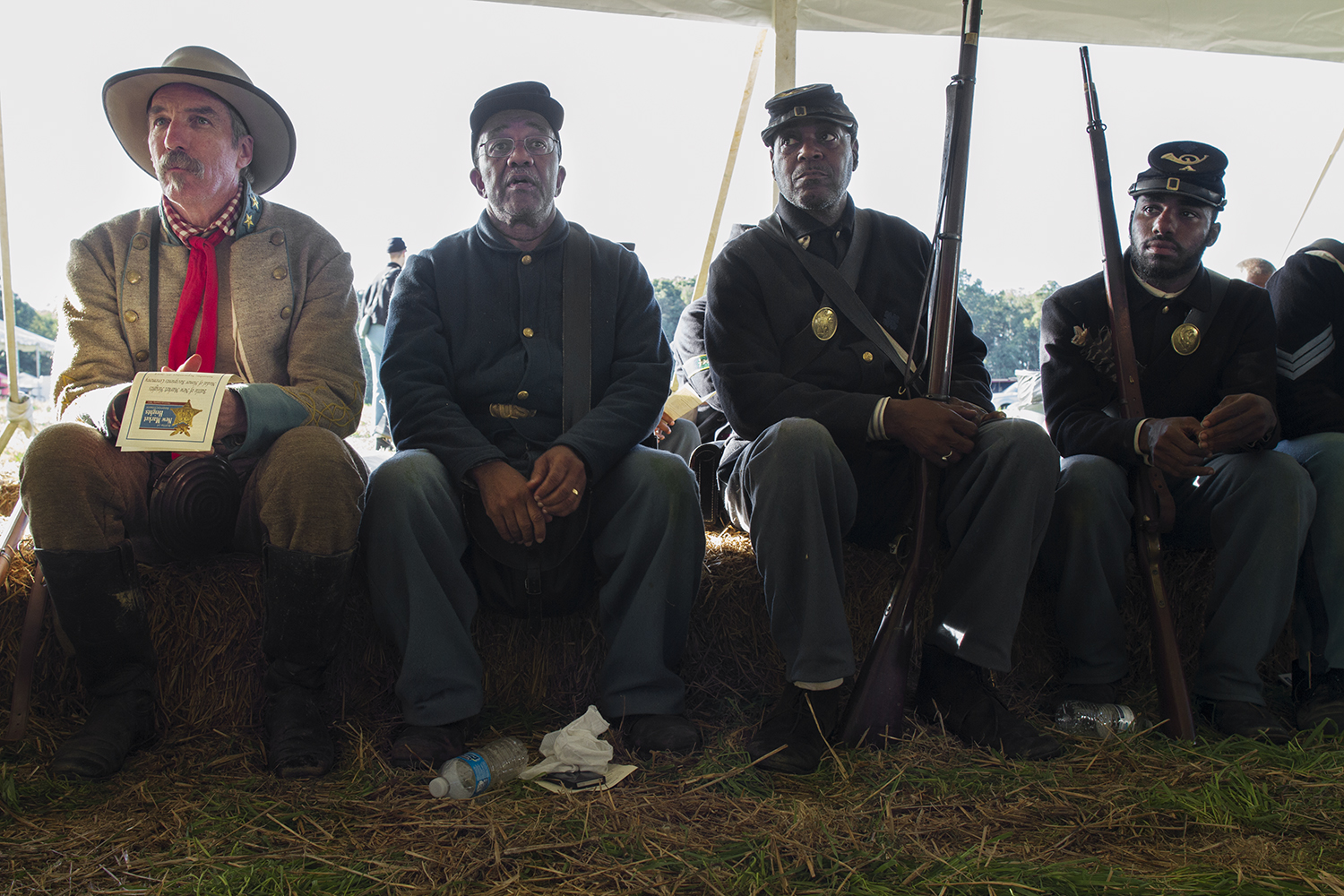  Reenactors from both sides at the ceremony following the staging of the battle of New Market Heights. Henrico, Co., Virginia, September 2014 