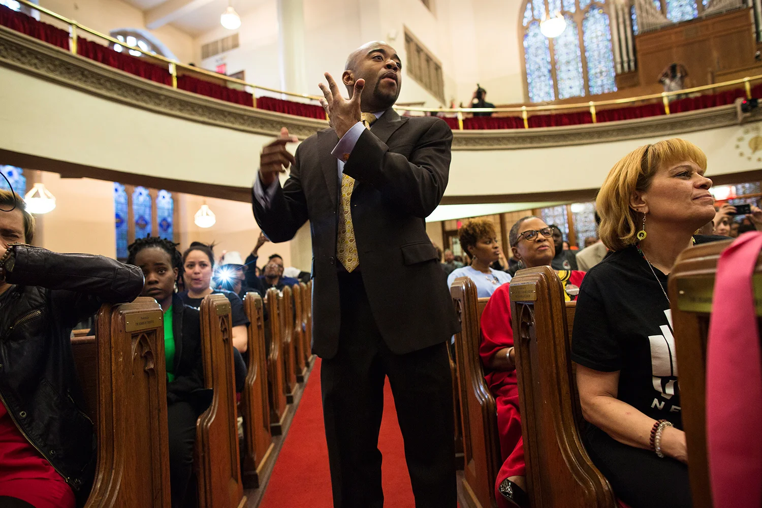 Choir master conducts during interfaith service at Harlem’s historic Abyssinian Baptist Church organized by advocacy group VOCAL-NY to call for end to the war on drugs on the eve of the United Nations General Assembly Special Session on the world drug problem ( UNGASS ), NY, NY, 2016