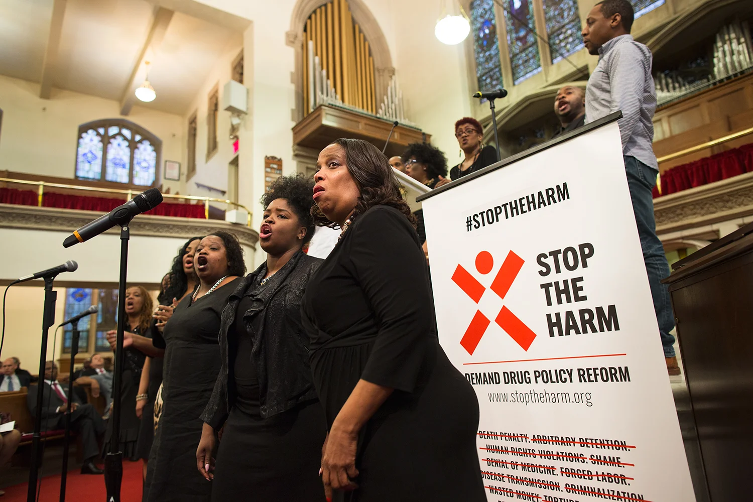 Choir sings during interfaith service at Harlem’s historic Abyssinian Baptist Church organized by advocacy group VOCAL-NY to call for end to the war on drugs on the eve of the United Nations General Assembly Special Session on the world drug problem ( UNGASS ), NY, NY, 2016