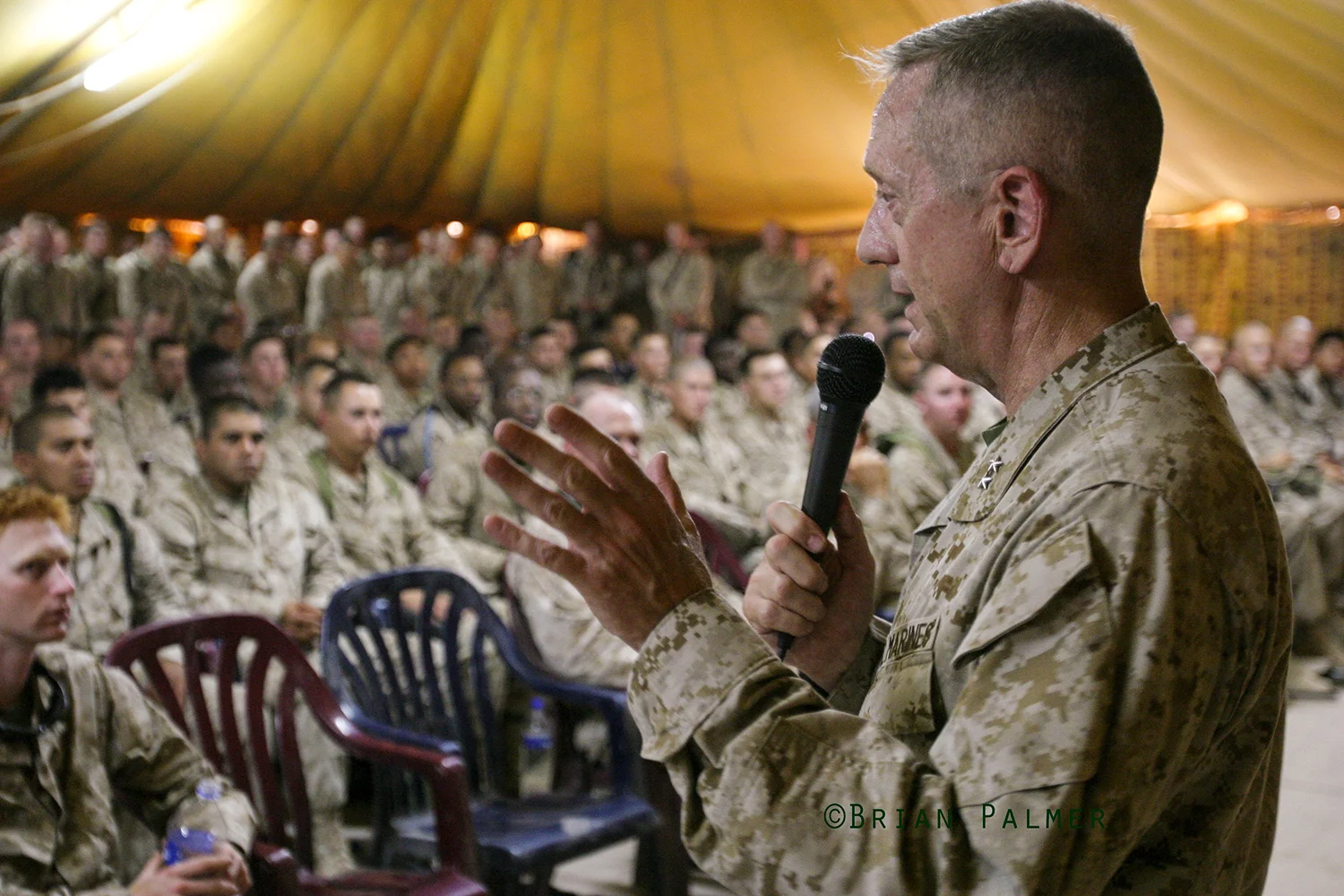 Major General James N. Mattis briefs Marines about to convoy north to Babil province, Camp Virginia, Kuwait, 9 July 2004