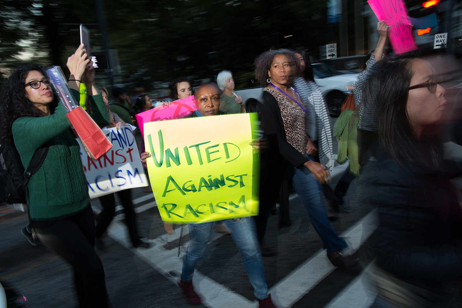  Anti-Trump/projustice protesters march from the Hilton Atlanta, site of Facing Race 2016, to CNN Center, 10 November 