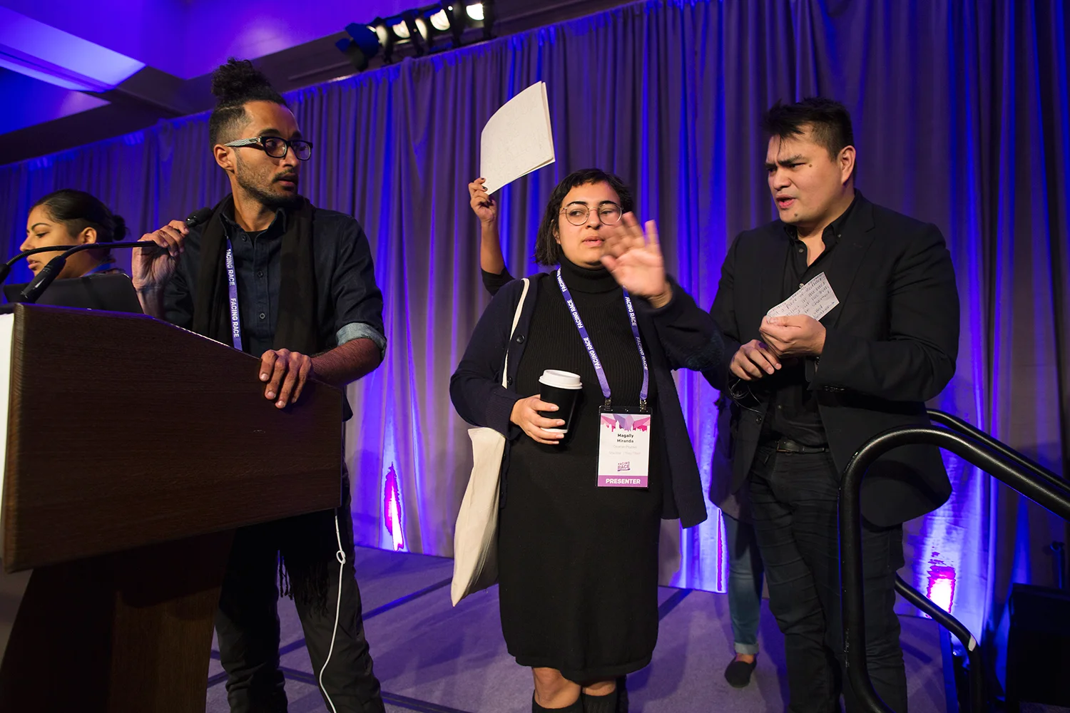 Protesters take the stage to express opposition to keynote speaker Jose Antonio Vargas ( Define American ) at Facing Race 2016, Atlanta, GA, 11 November