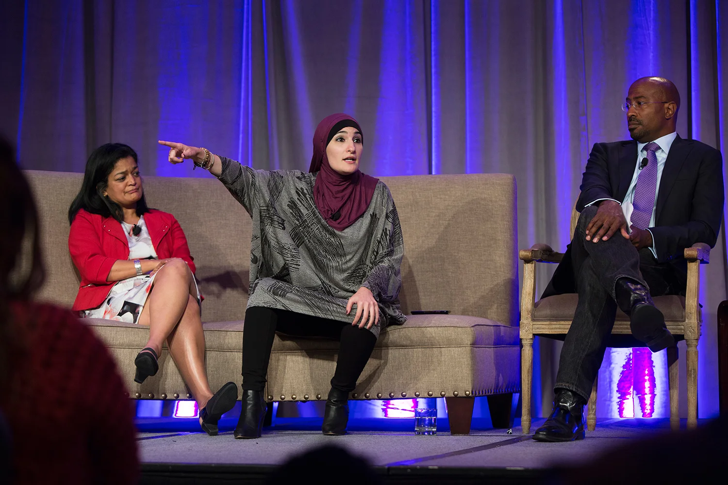 Linda Sarsour ( Arab American Association of New York ) speaks at plenary session "Where Do We Go From Here?" during Facing Race 2016 (at the far left of the image is Pramila Jayapal, state senator and US Representative-elect , D-WA; on the right side of image is Van Jones, Dream Corps and CNN ), Atlanta, GA, 12 November