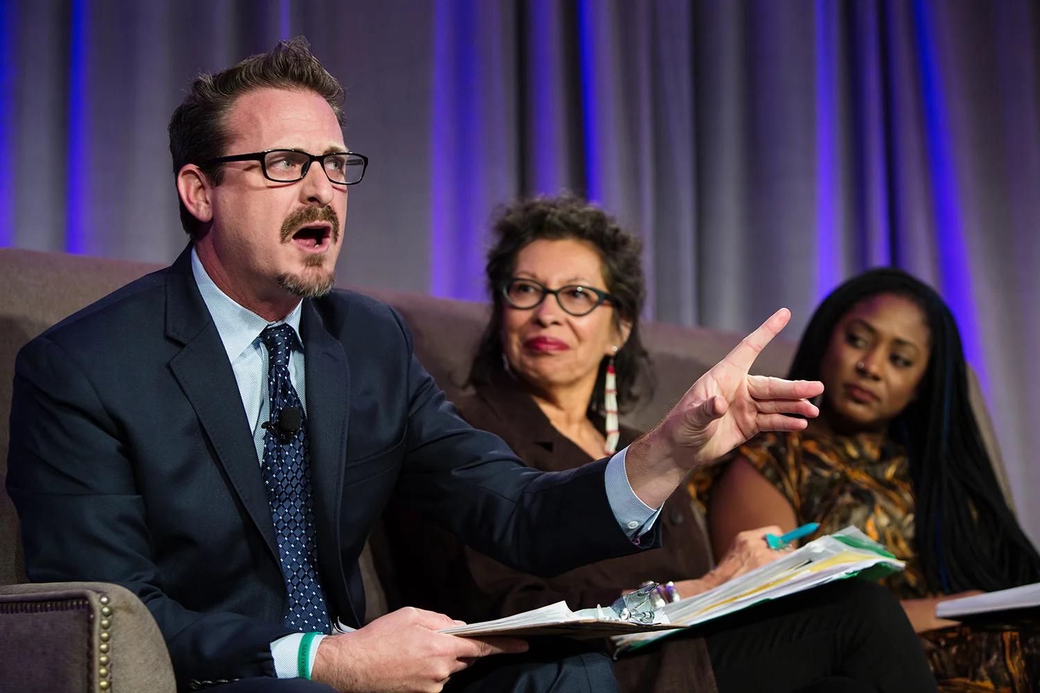Author, organizer, and educator Chris Crass speaks during the "Multracial Movements for Black Lives" panel during Facing Race 2016 (l to r: Judith LeBlanc ( Native Organizers Alliance ) and Alicia Garza ( National Domestic Workers Alliance and #BlackLivesMatter )