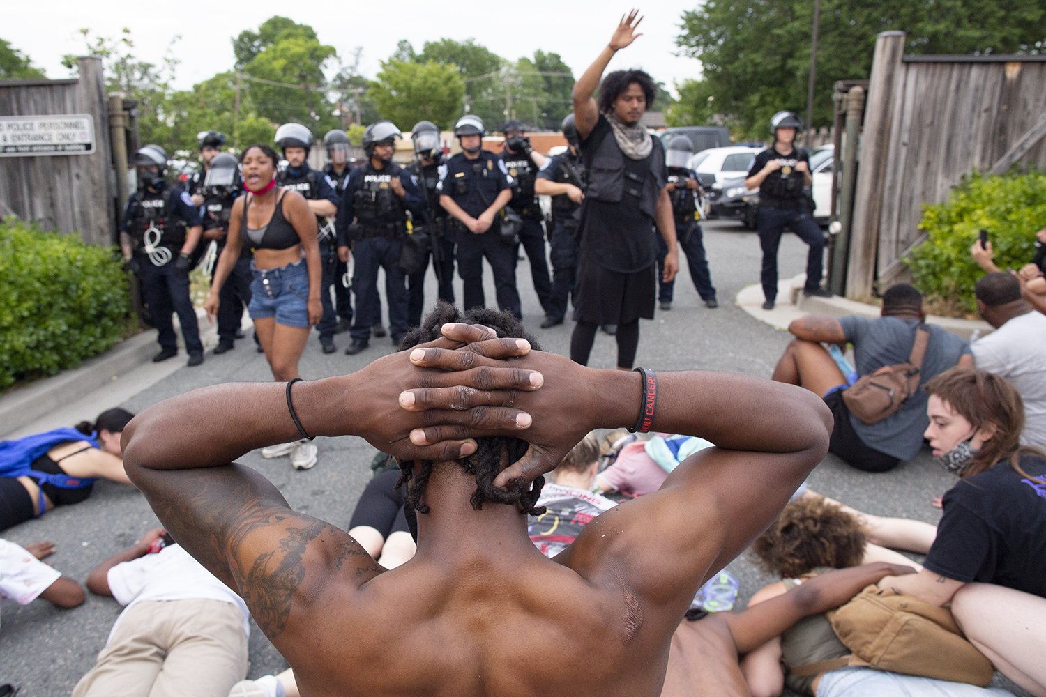 Nonviolent protest in the wake of George Floyd’s murder by Minneapolis, MN, police officer Derek Chauvin at Richmond Police Department Fourth Precinct on Chamberlayne Avenue. Richmond, VA. 2020