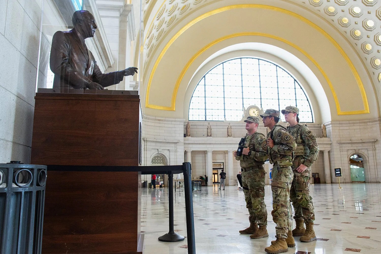 Louisiana National Guardsmen encounter statue of A. Philip Randolph at Union Station, Washington, DC, 2025n