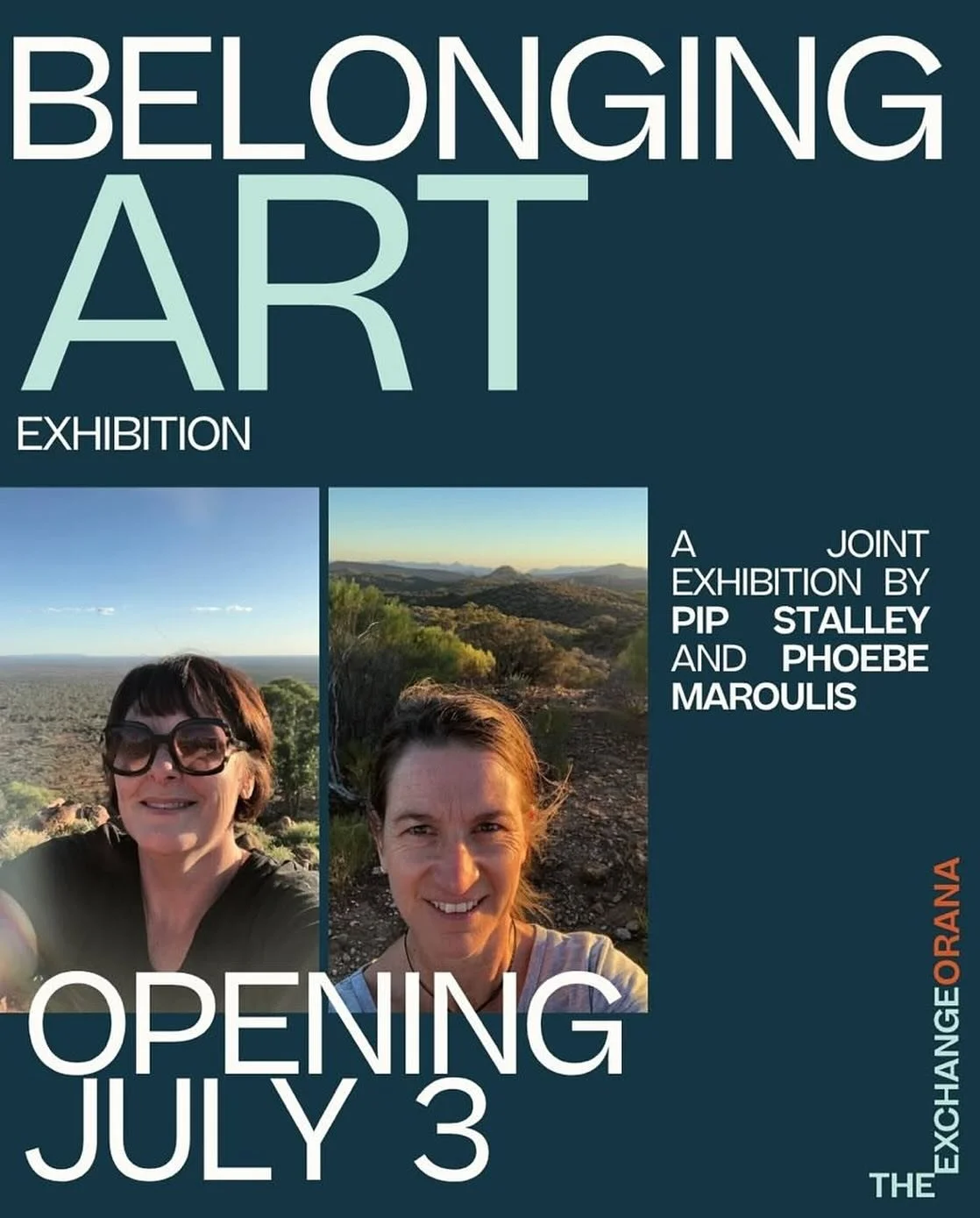 Join us at The Exchange Orana on Thursday 3 July for the opening of Belonging, a powerful visual exhibition by artist Pip Stalley-Batten and myself, exploring what it means to belong to, and be shaped by, place.

Thursday 3 July | 5:30pm-7:30pm
&deg;