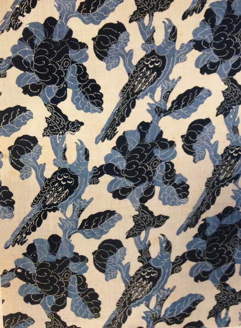 Blue Resist Panel- cotton fabric painted and block printed resist most likely made in India for the American market