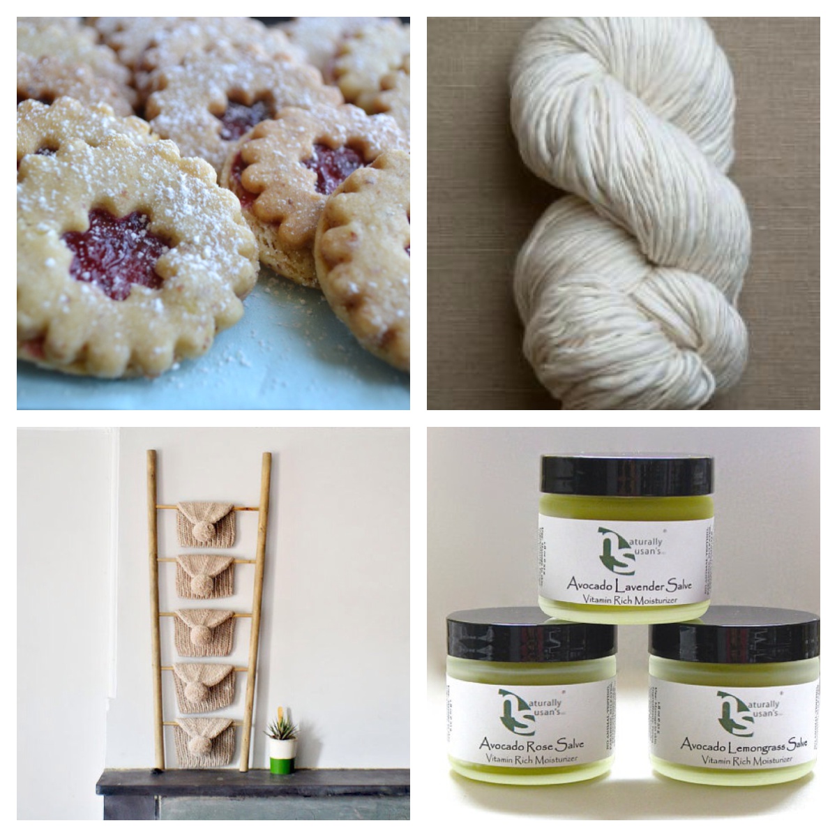 A sampling of some of the goodies up for grabs in this year's rafflecopter drawing - Purl Merino Script Yarn from Purl Soho, Linzer Cookies by Vienna Cookie Co, PomPom Hat by PurlBKnit and Moisturizer by Naturally Susan's among several others!