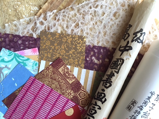  Assorted handmade papers: Japanese lace, rice paper, washi, bark,and Egyptian papyrus.