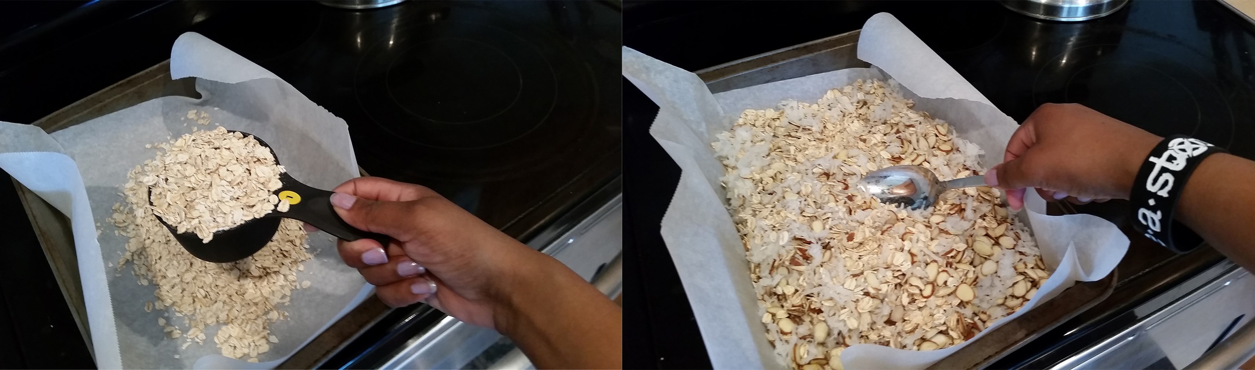 3. Measure out your oats, nuts and coconut flake right onto your parchment & gently mix them together. 
