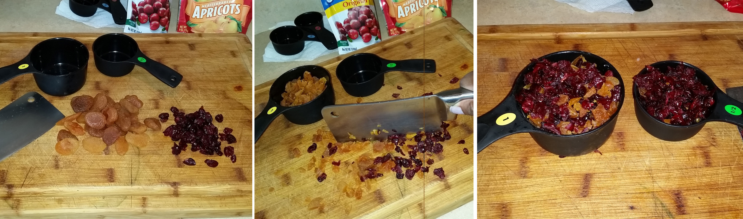 5. While your oats are toasting chop your dried fruit (if needed). I like to set out my 1 cup, and ½ cup measuring cups right on the board, and just chop until they are full; adjusting the chop or adding more types of fruit according to whatever suits my mood. Get creative!