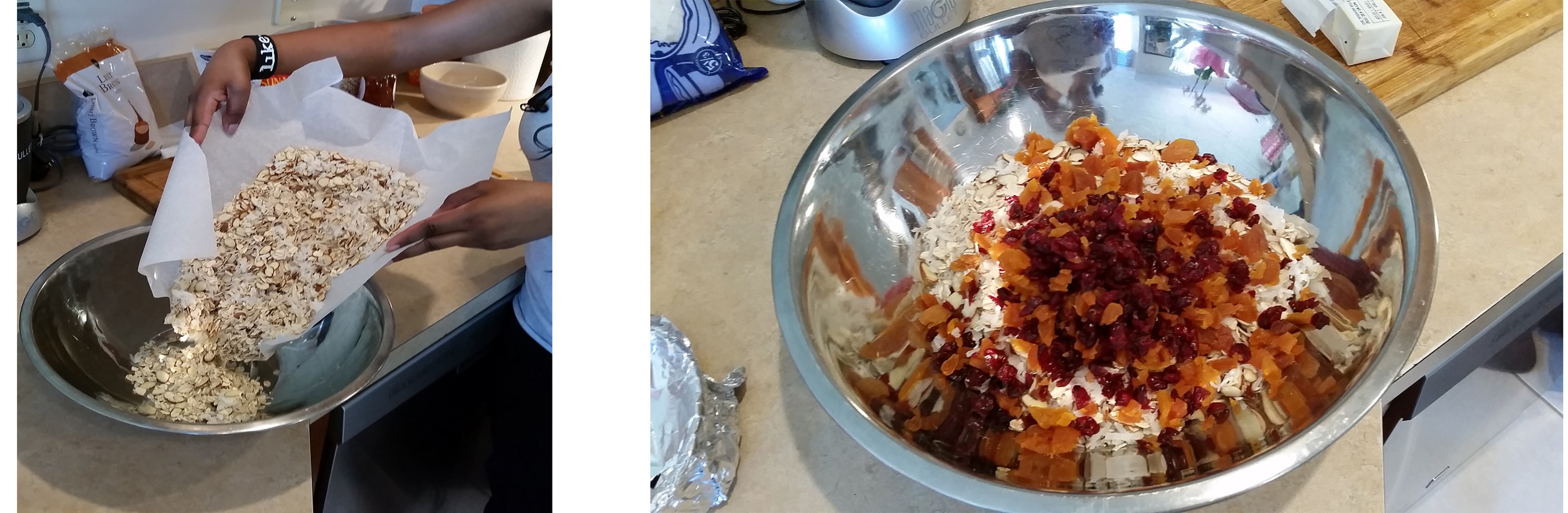 6. Toss your toasted oats, nuts, and coconut flake into a great big mixing bowl with your chopped fruit and mix well.