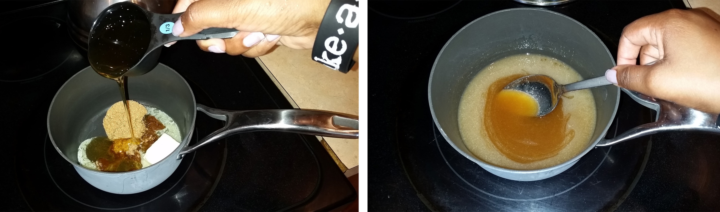 7. Lastly, melt your butter, honey and brown sugar in a small saucepan. You can add a bit of lemon zest, vanilla extract, cinnamon or any secret ingredient you want to sneak in here :-p **This will be the ‘glue’ that holds your bars together, so make sure it’s completely melted and one uniform ooey gooey consistency!**