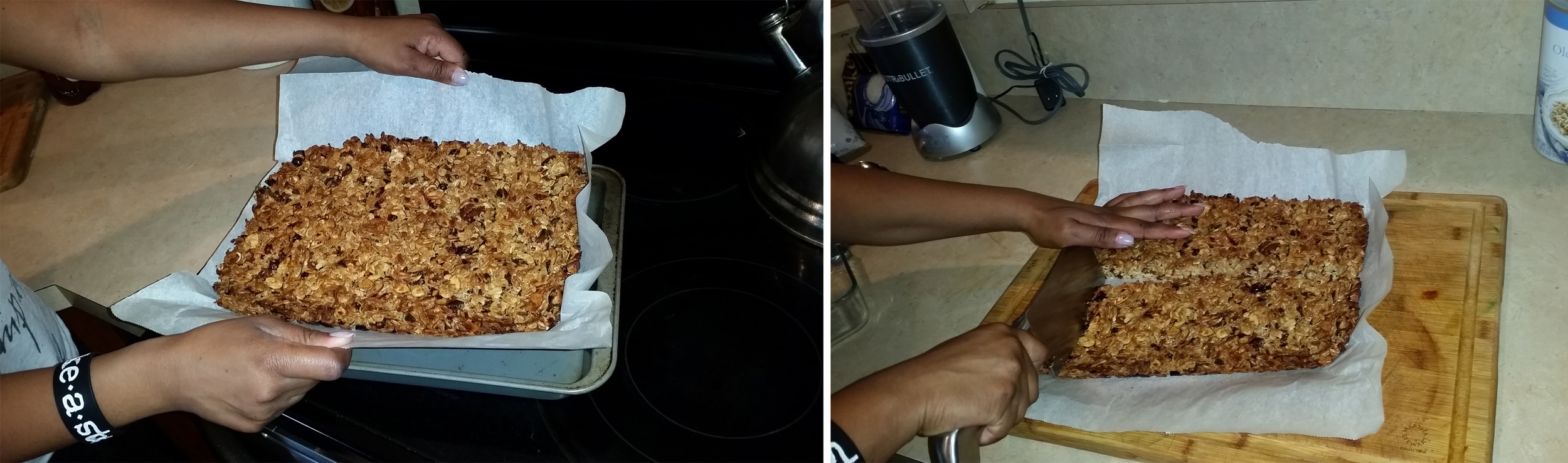 11. Remove from oven and let cool for at least an hour (The hardest part in my opinion). When that timer goes off, lift the parchment straight up and place your granola on a sturdy cutting board. With a nice sharp knife cut into bars or smaller squares for mini snacks. 