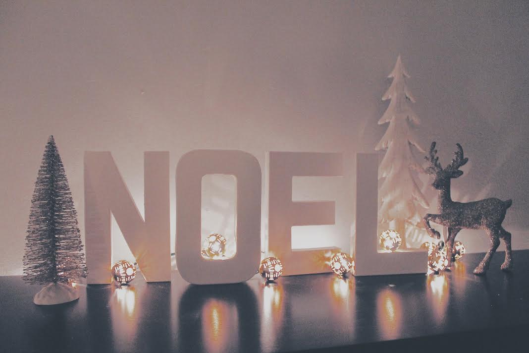 Once the letters dried I draped Christmas Lights around them to illuminate & brought in a few other festive pieces to tie it all together. 