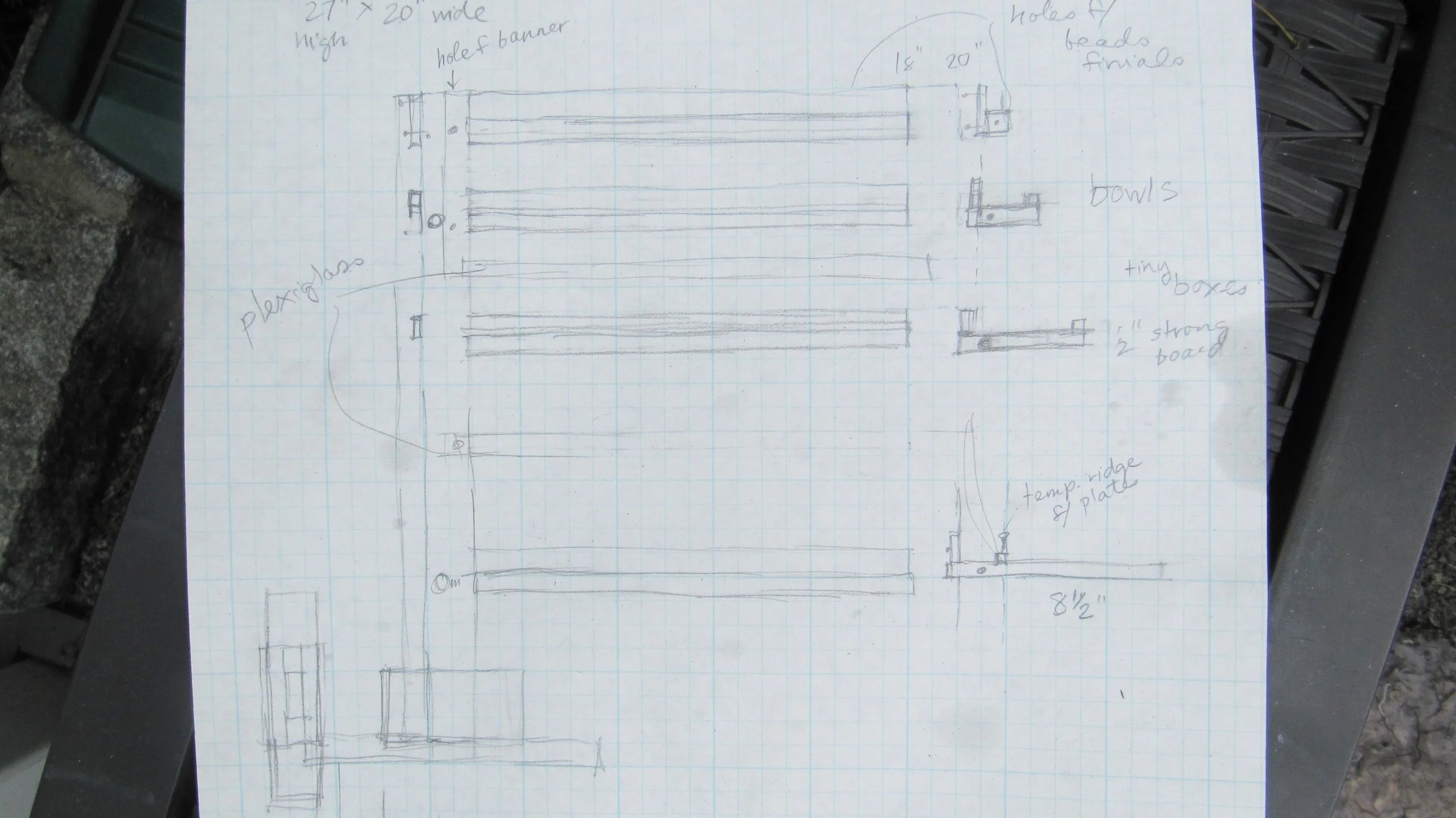 I plotted out the size after measuring my large luggage case, and decided it could be 27" high and 20" wide, with removable leg stands for clamping to the table. There would be three shelves, and the topmost rung would hold other beads/finials/box toppers. When you build your own display, you can design it to show off exactly what you make. For example, I have another display from re-used materials for jewelry, and for that I have rungs that are just right for hanging 16" necklaces on one shelf and 18" necklaces on the one below.