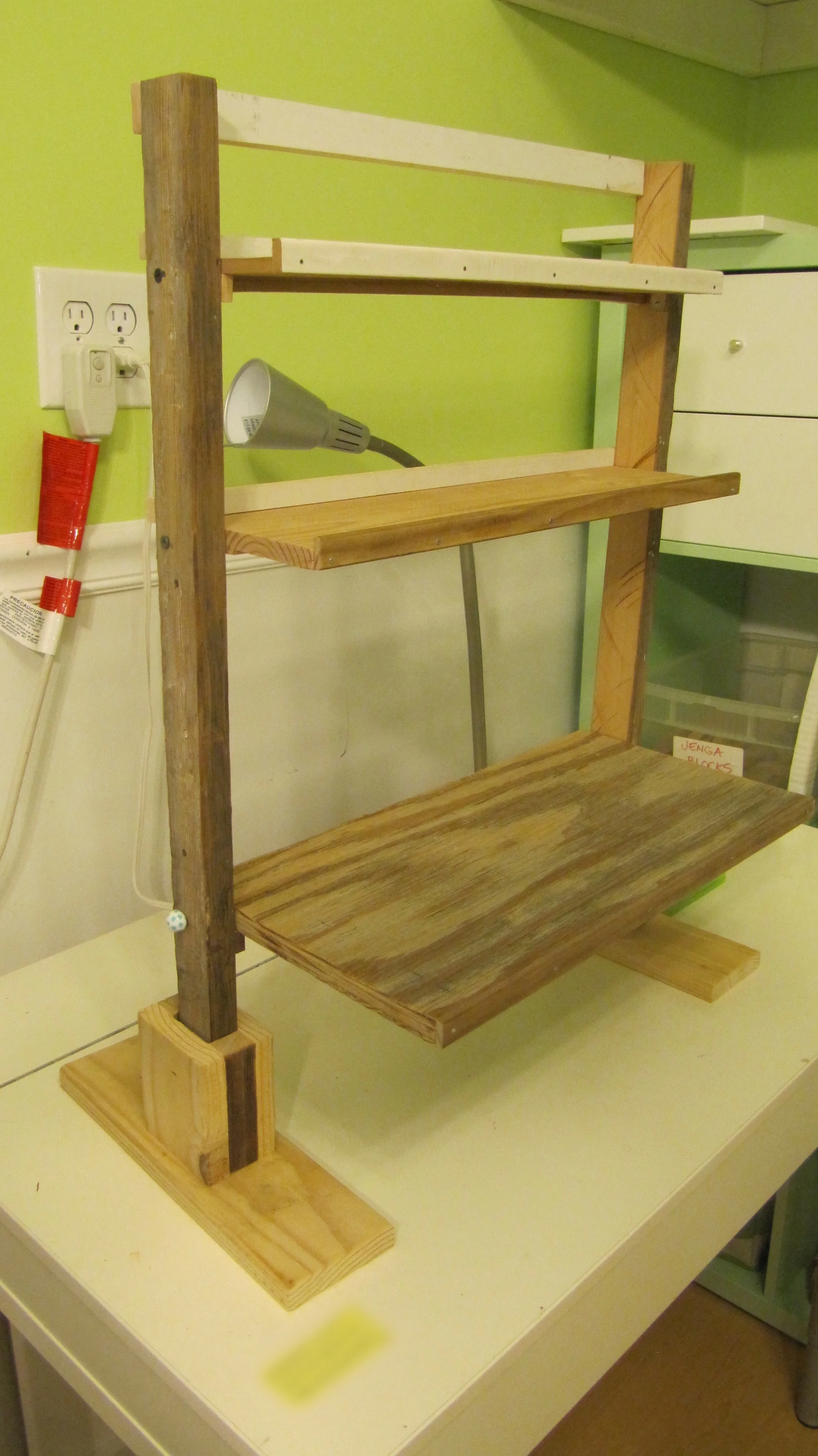 It works! I decided I didn't need any rims yet for the lowest shelf. I may put something there later. The two top shelves hold very light objects, so they can be on the thin side.
