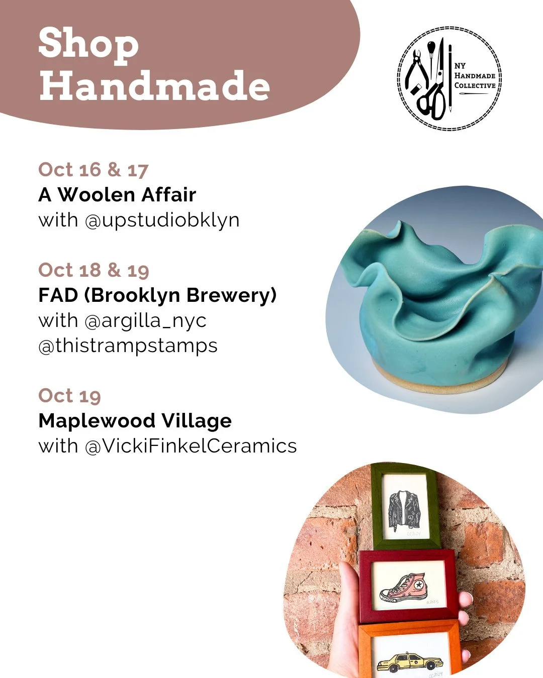 ⭐ NYHandmade Collective Market Roundup ⭐⁠
Enjoy the crisp fall air and find unique gifts made by our talented local makers this weekend!⁠
⁠
Oct 16 &amp; 17⁠
💛 A Woolen Affair @awoolenaffair with @upstudiobklyn⁠
⁠
☀️ Oct 18 &amp; 19⁠
FAD (Brooklyn Br