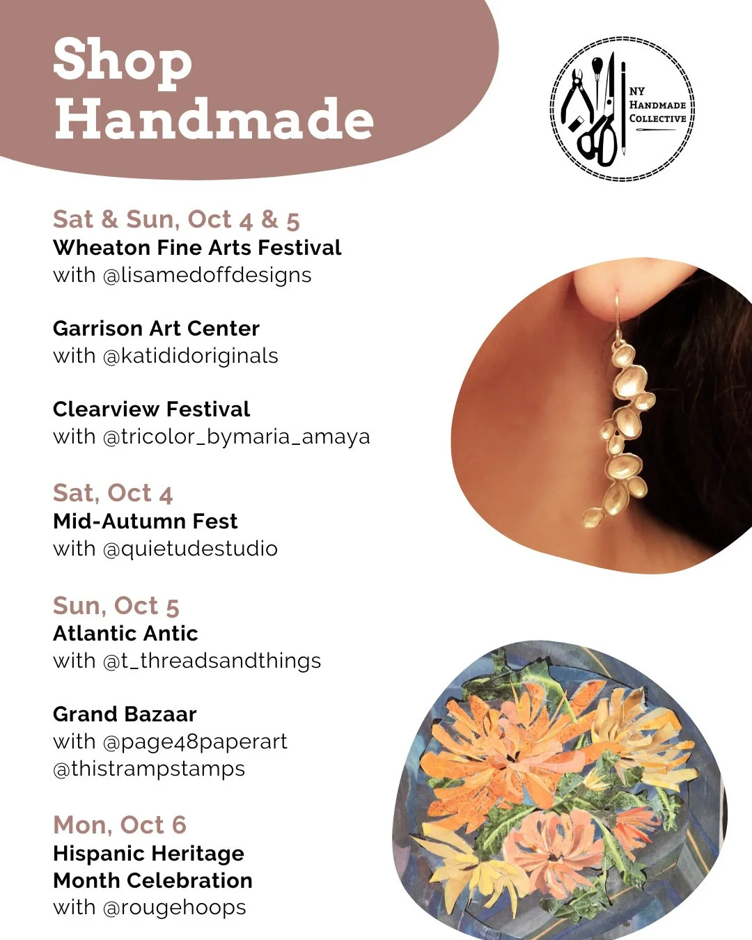 ✨NYHandmade Collective Market Roundup✨⁠
October is here &mdash; see you at our members&rsquo; NYC markets this weekend!⁠
⁠
💛 Oct 4 &amp; 5⁠
Wheaton Fine Arts Festival @wheatonarts with @lisamedoffdesigns⁠
Garrison Art Center @garrisonartcenter with 