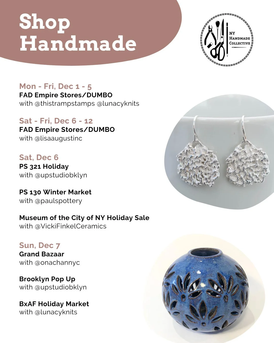 ⭐ NYHandmade Collective Market Roundup ⭐⁠
With the holidays coming up, you&rsquo;ll want to find handmade gifts from our makers. You can find them at these local pop-ups.⁠
⁠
🎁 Dec 1 - 5⁠
FAD Empire Stores/DUMBO - Holiday @fadmarket with @thistrampst