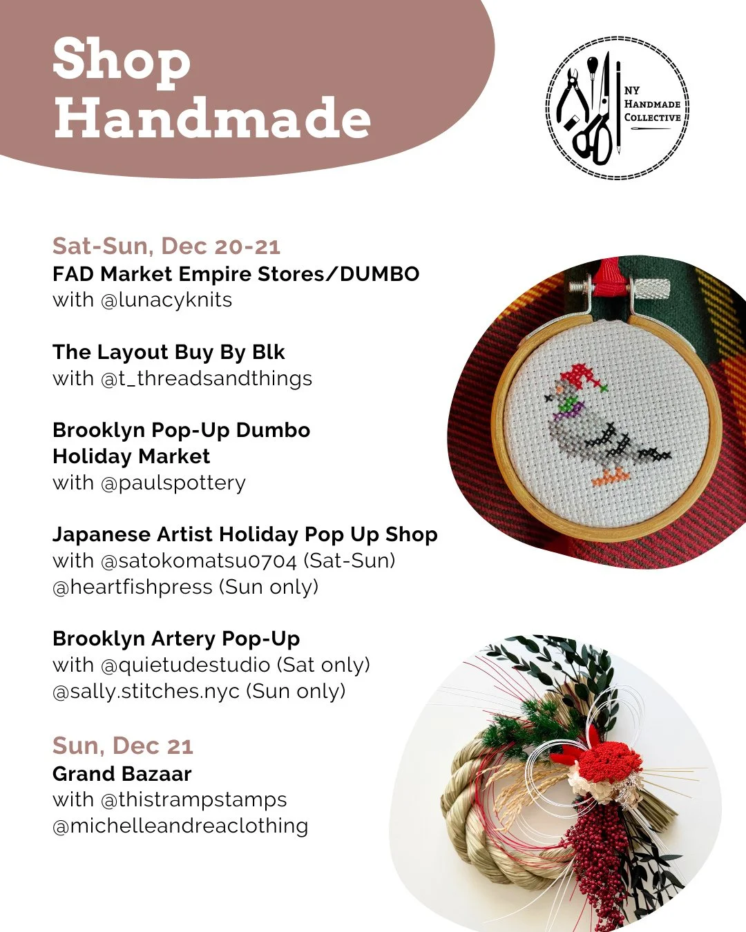 ⭐ NYHandmade Collective Market Roundup ⭐⁠
Time is running out! Don&rsquo;t miss this weekend of NYC holiday markets&mdash;support artists, shop small, shop handmade!⁠
⁠
❄️ Dec 20-21⁠
FAD Market Empire Stores/DUMBO @fadmarket with @lunacyknits⁠
⁠
The 