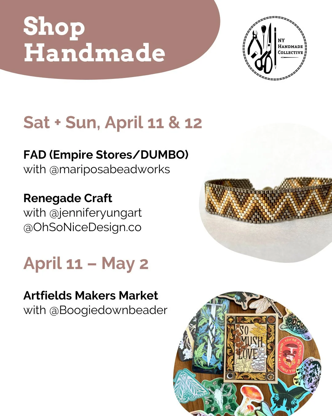 ⭐ NYHandmade Collective Market Roundup ⭐⁠
At the market this weekend! ✨ Come browse, stop by to say hi, and support small businesses.⁠
⁠
🌼 April 11 &amp; 12⁠
FAD (Empire Stores/DUMBO) @fadmarket with @mariposabeadworks⁠
Renegade Craft @renegadecraft