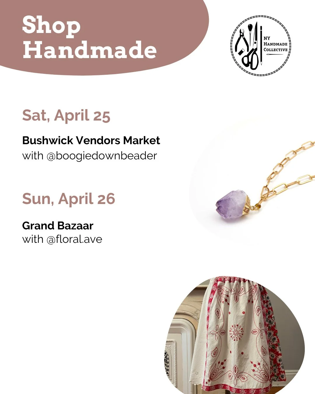 ⭐ NYHandmade Collective Market Roundup ⭐⁠
Last weekend of April markets! Find our members work  in Brooklyn and Manhattan. ⁠
⁠
🌼 April 25⁠
Bushwick Vendors Market @bushwickvendorsmarket with @boogiedownbeader⁠
⁠
🌼 April 26⁠
Grand Bazaar @grandbazaa