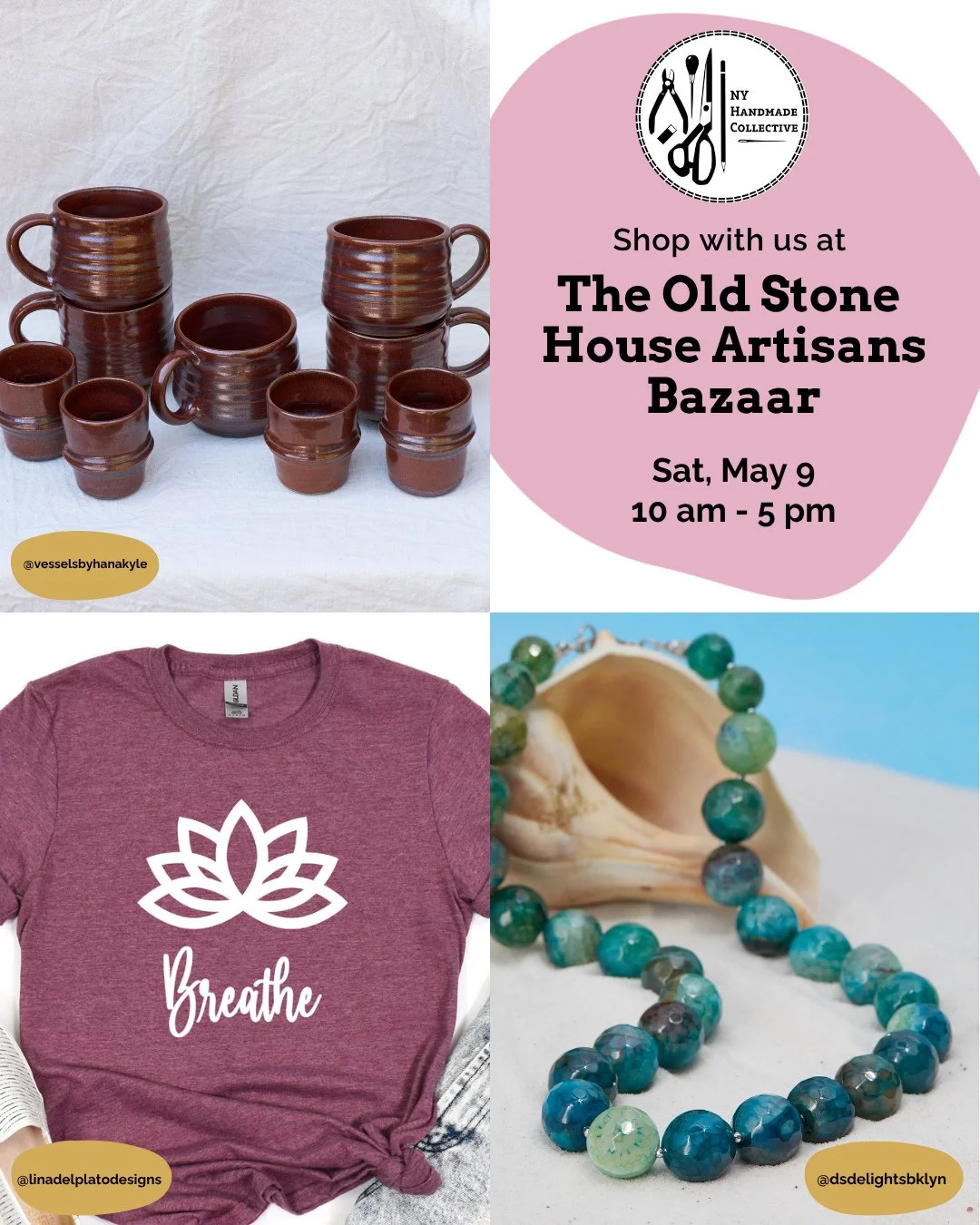 NYHC is heading to Brooklyn! 🛍️⁠
Join us at the Old Stone House in Park Slope on Saturday, May 9th for the @brooklyn.pop.up Artisans Bazaar where 12 amazing NYHC members will be vending!⁠
⁠
Shop original jewelry, ceramics and pottery, art, apparel, 
