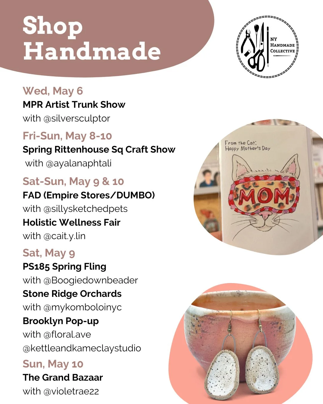 ⭐ NYHandmade Collective Market Roundup ⭐⁠
Mother&rsquo;s Day markets happening this weekend! Shop handmade gifts, local art, stationery, ceramics, jewelry, treats, and more from small businesses and makers.⁠
⁠
🌷Wednesday, May 6⁠
MPR Artist Trunk Sho