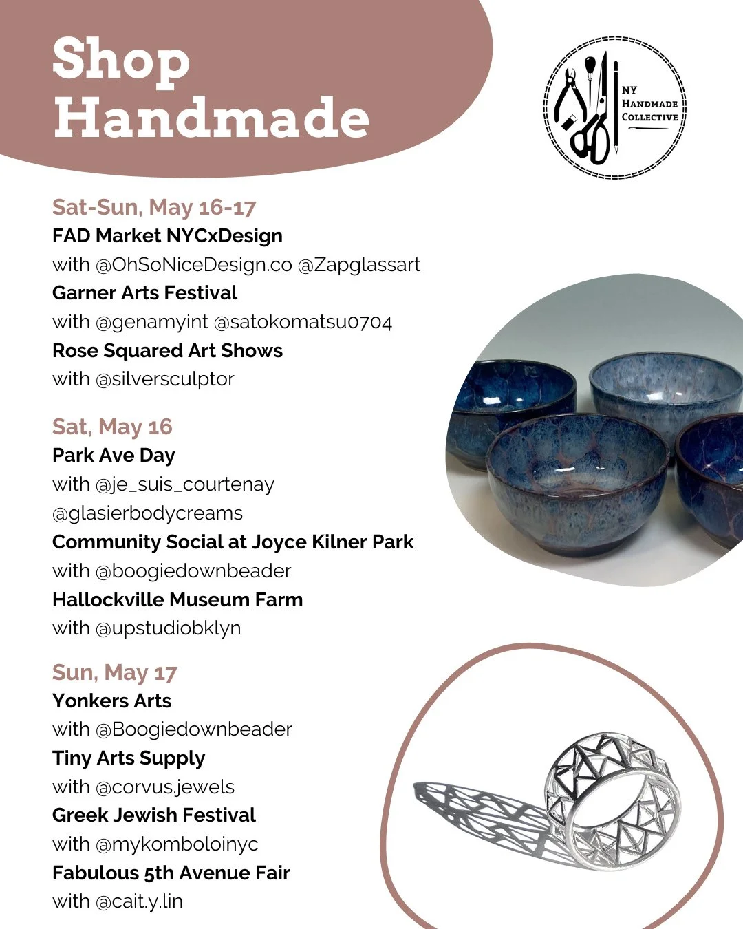 ⭐ NYHandmade Collective Market Roundup ⭐⁠
Find our members at markets this weekend with cards, prints, jewelry, ceramics and more thoughtful gifts. Hope to see you there!⁠
⁠
⁠
🌷Saturday &amp; Sunday May 16-17⁠
⁠
FAD Market NYCxDesign @fadmarket with