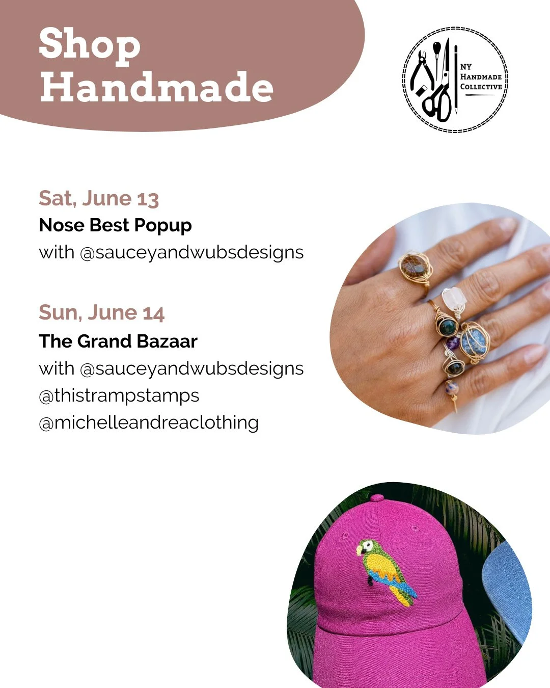⭐ NYHandmade Collective Market Roundup ⭐⁠
⁠
☀️ Sat, June 13⁠
Nose Best Popup @nosebestcandles_ with @sauceyandwubsdesigns⁠
⁠
☀️ Sun, June 14⁠
The Grand Bazaar @grandbazaarnyc with @sauceyandwubsdesigns @thistrampstamps @michelleandreaclothing⁠