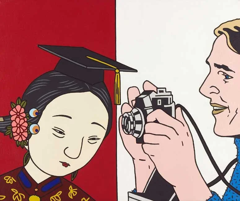 The image was created by Roger Shimomura for “Stereotypes and Admonitions,” a series of illustrations he published in 2003. Lily Wang, a 31-year-old Chinese American computer science graduate student at North Carolina State University, was murdered on October 12, 2002 by Richard Borrelli Anderson, a white classmate who is reported to have become infatuated with her. Wang was already married (to another Chinese American), but this fact did nothing to deter Anderson's unwelcome advances, which appear to have been racially motivated. According to press reports, Anderson had confided to a friend that he liked Asian women because "they study hard, they're very nice, and soft speaking." According to police reports, Wang did nothing to cause Anderson to select her as a target other than being an Asian American woman who happened to be the innocent object of the killer's infatuation and violent nature.
