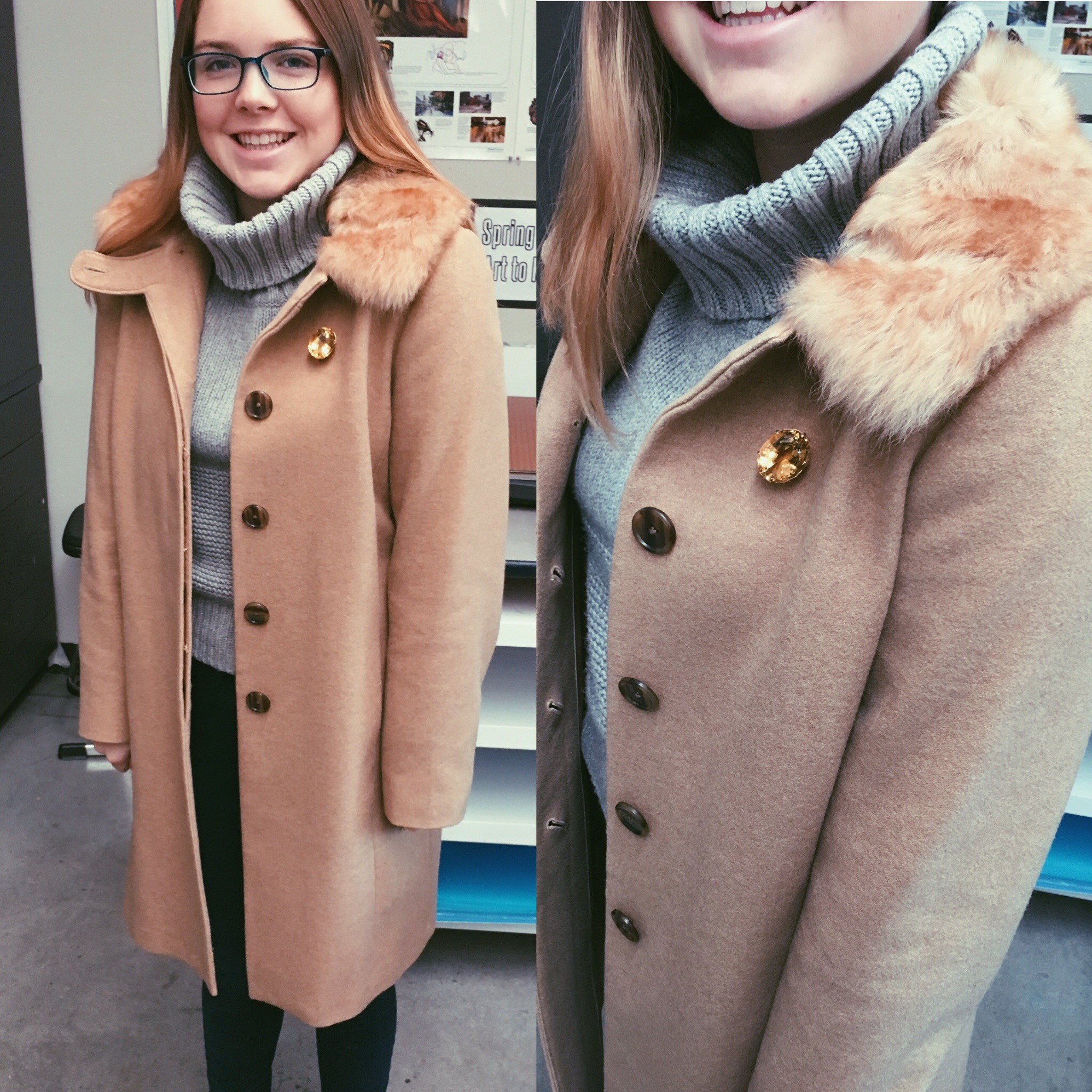   Ashley ‘17:  Ashley goes with a classic Banana Republic coat and Anthropologie turtleneck to brave the cold. 