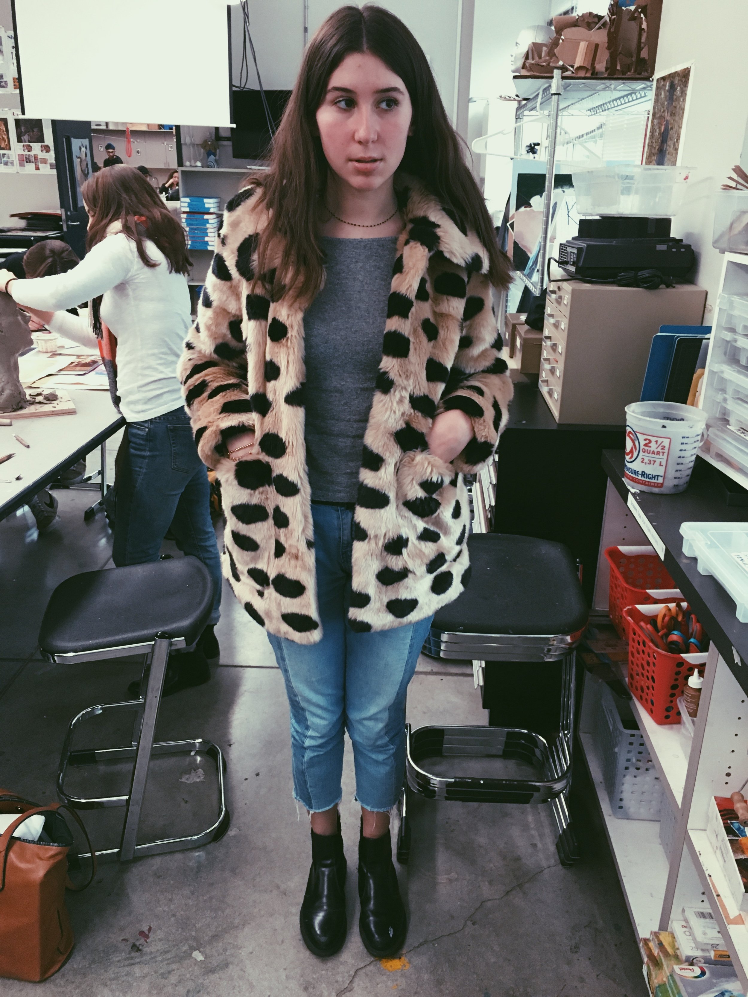    Matilde ‘17:    When you can’t wrap up in blankets, instead go for a warm faux fur coat! Matilde likes her Jakke coat, Mango jeans, Stefanel sweater, paired with Doc Marten boots.   Très chic!  