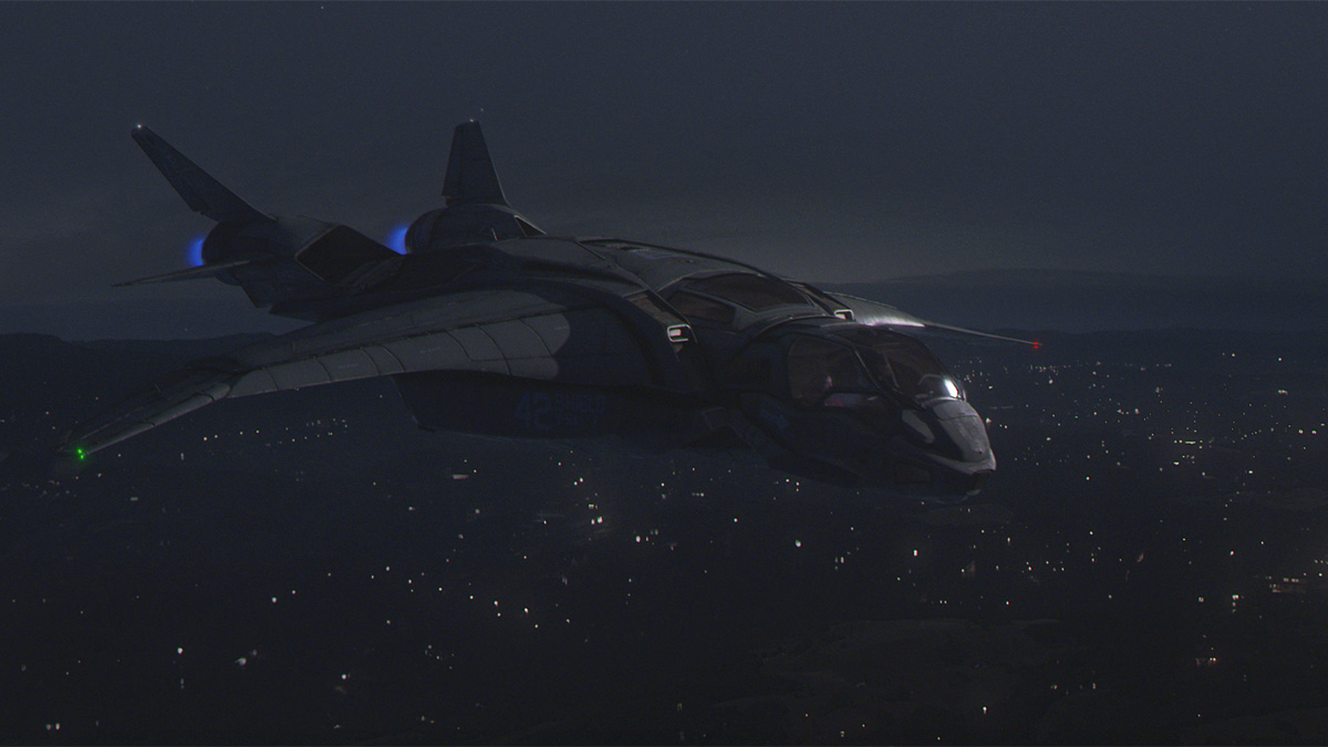  This shot was typical of the many Quinjet flying shots.&nbsp; A matte painted background was created and projected onto a skybox and rough ground geo in Nuke.&nbsp; The Quinjet and FX elements are then comped on top, with FG haze/clouds built in Nuk