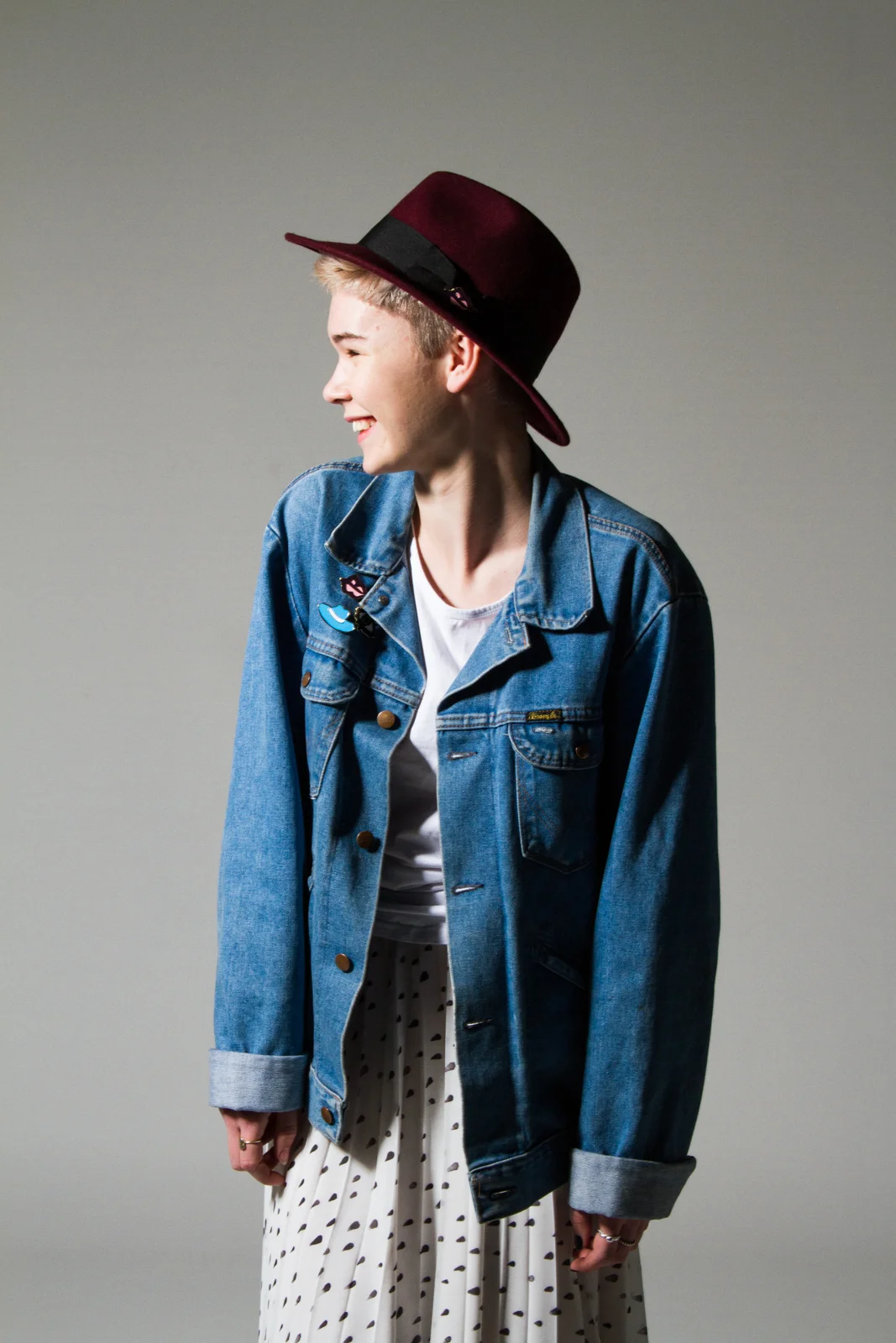 Merci Merci Hat $59 & See You Later Pleat Skirt $289 with my opshop jacket