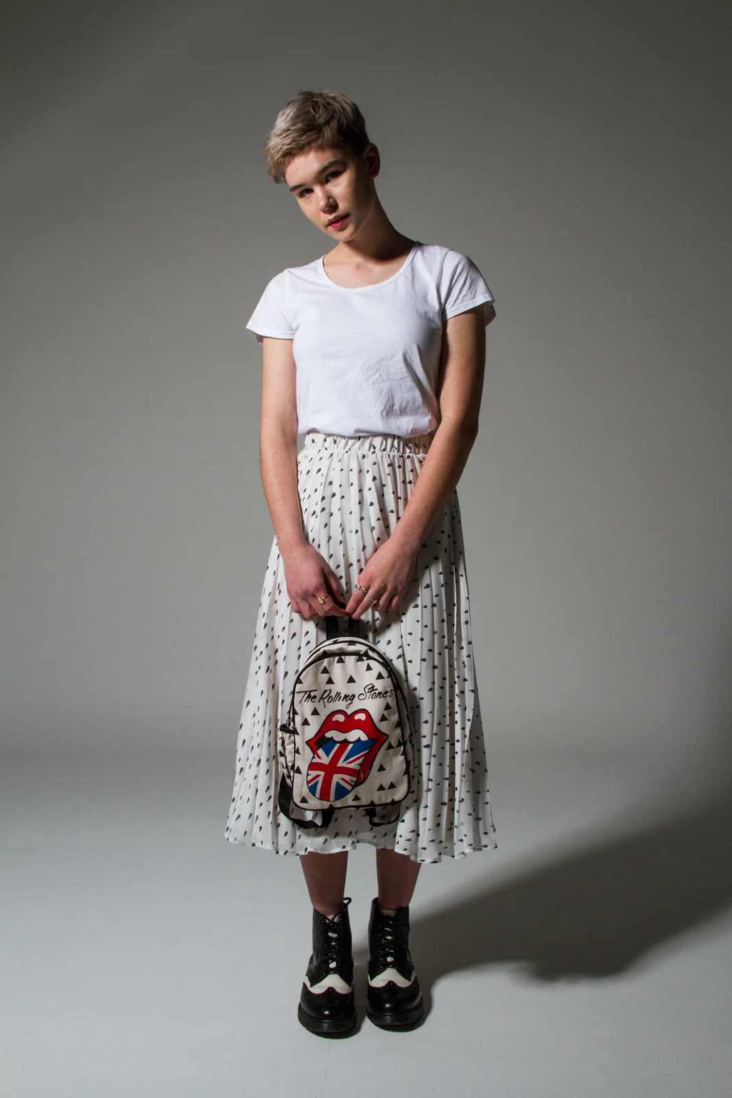 See You Later Pleat Skirt $289 with Cotton on Kids bag & Dr Martens