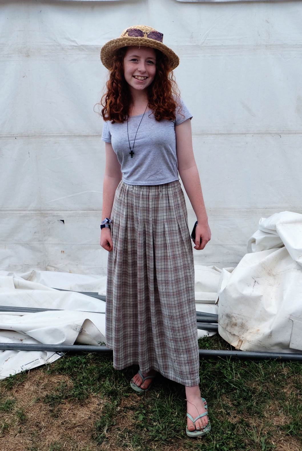 Flora Dryburgh is wearing a skirt from her mother with a Factorie top (it was on sale!) Portmans sunnies and an amazing hat from her stepmother, plus $10 jandals from the Number One Shoes 