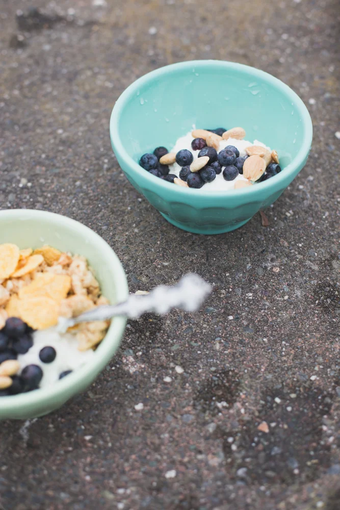 Two bowls of cereal with blueberries and nuts, placed on a rough outdoor surface.
