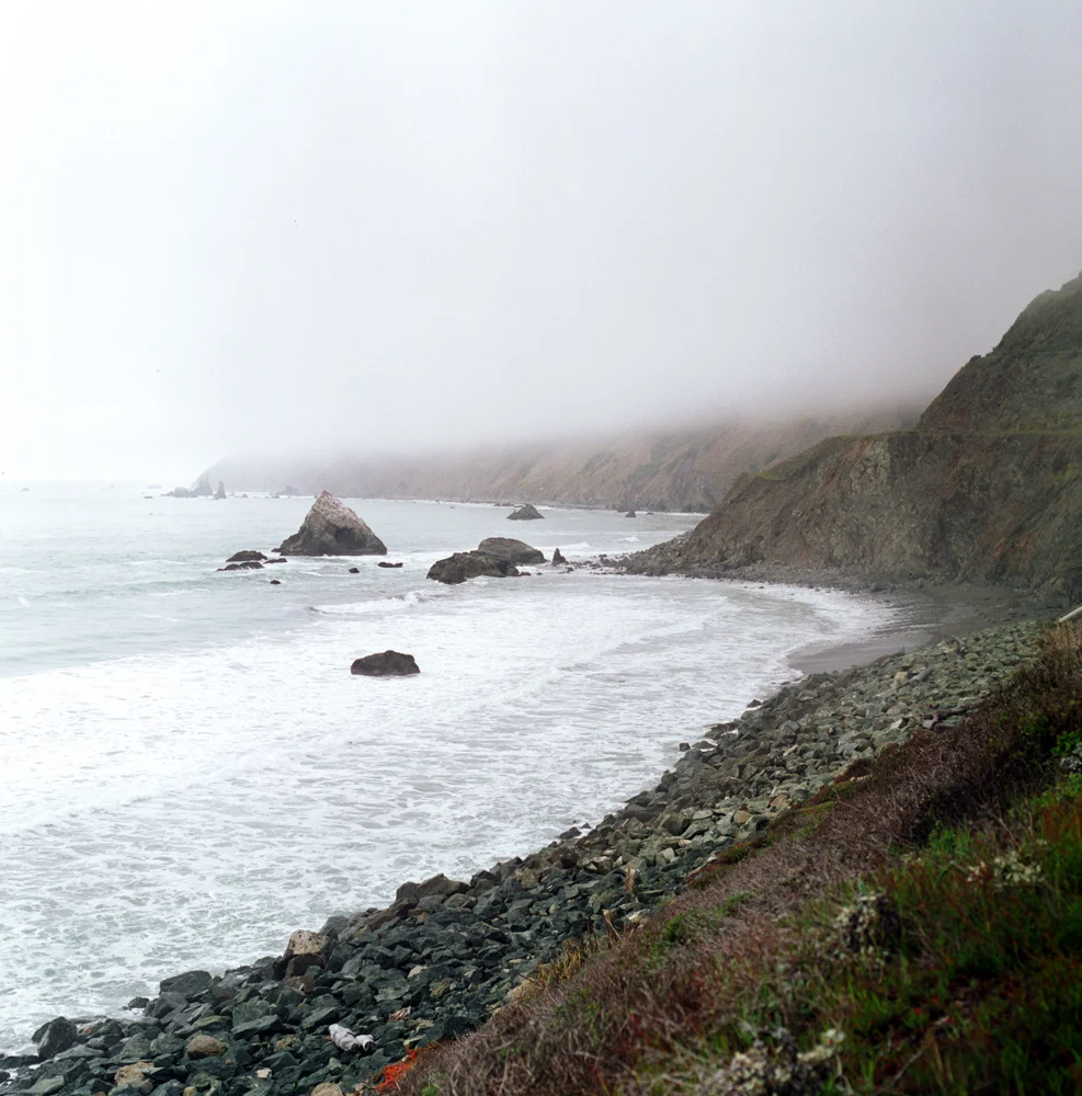 Foggy coastal landscape with rocky shoreline, large rocks in the water, and cliffs covered in grass and shrubs.