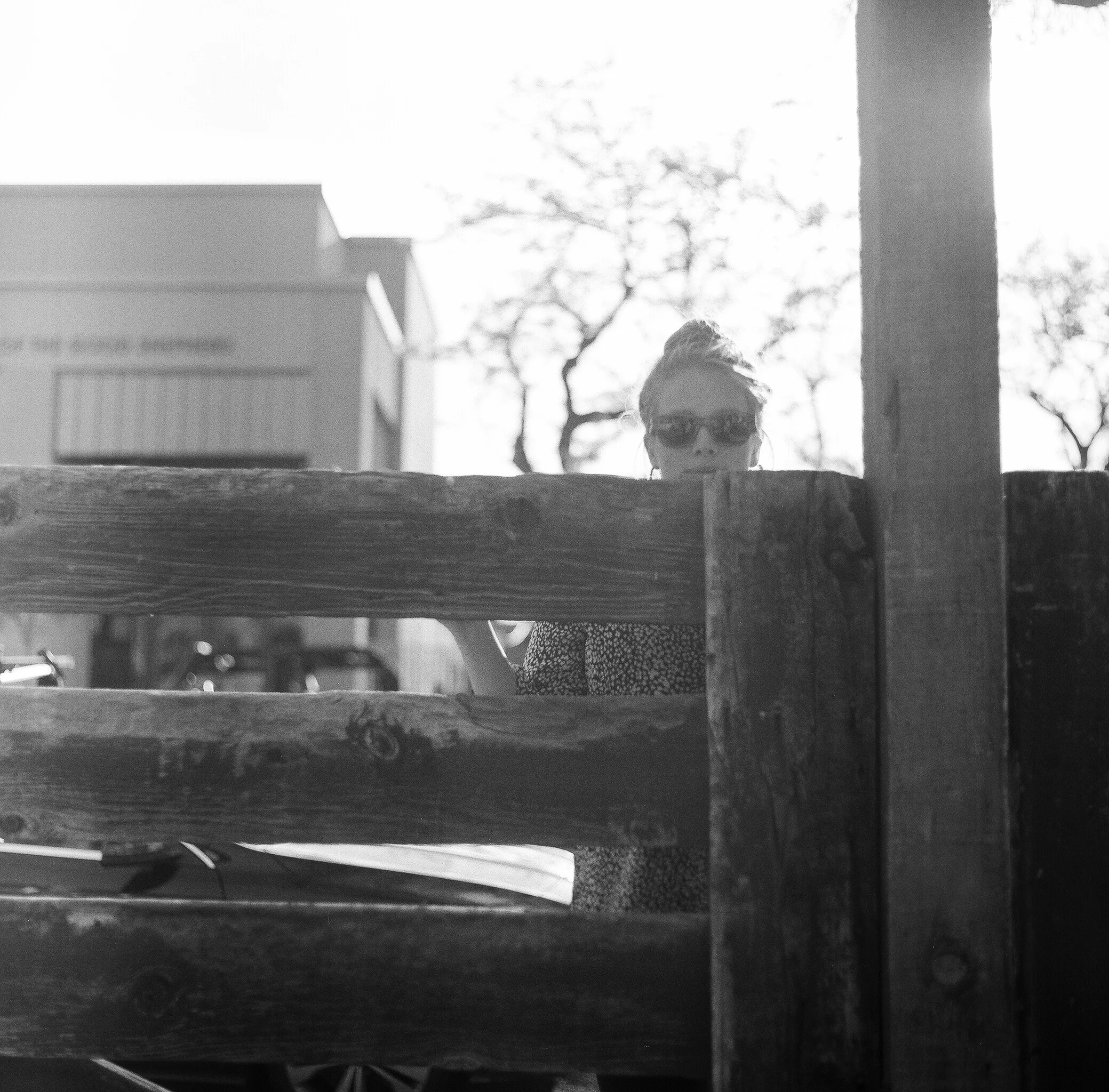 A woman with glasses and a patterned shirt peeking over a wooden fence, with trees and a building in the background, in black and white.