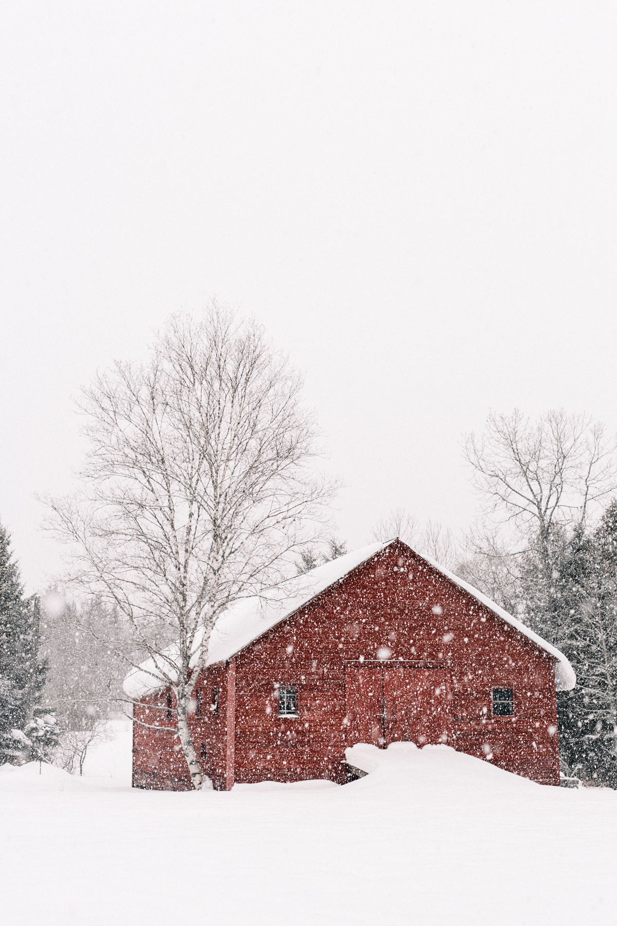 Red barn covered in snow with falling snowflakes and leafless trees in the background during winter.