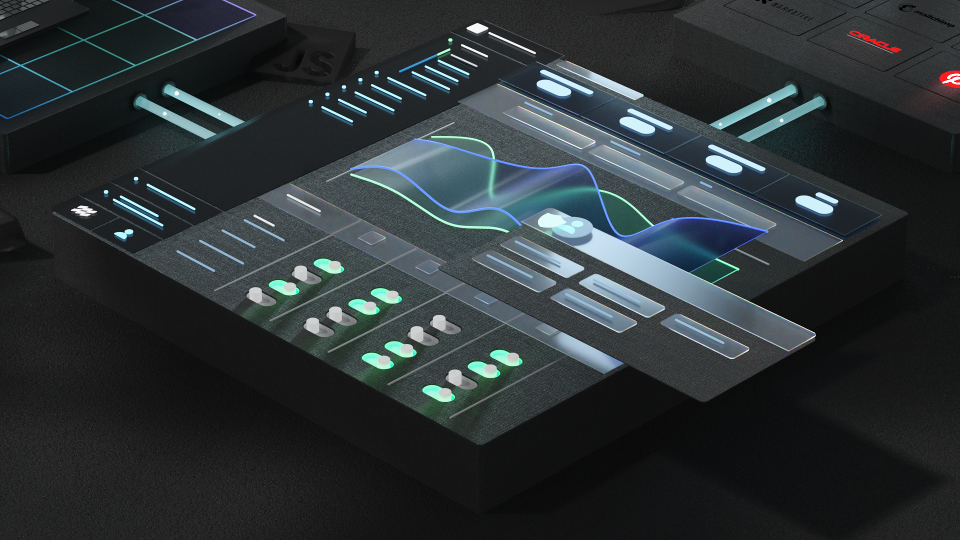 Futuristic digital control panel with glowing sliders, dials, and waveforms on a black textured surface.