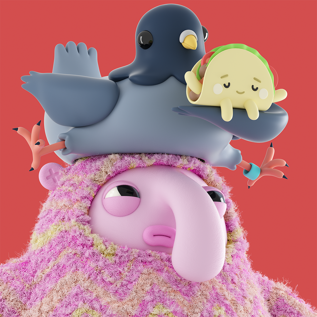 Colorful cartoon characters stacked on top of each other against a red background, including a fluffy pink sheep at the bottom, a purple bird in the middle, and a taco and a small pig on top.