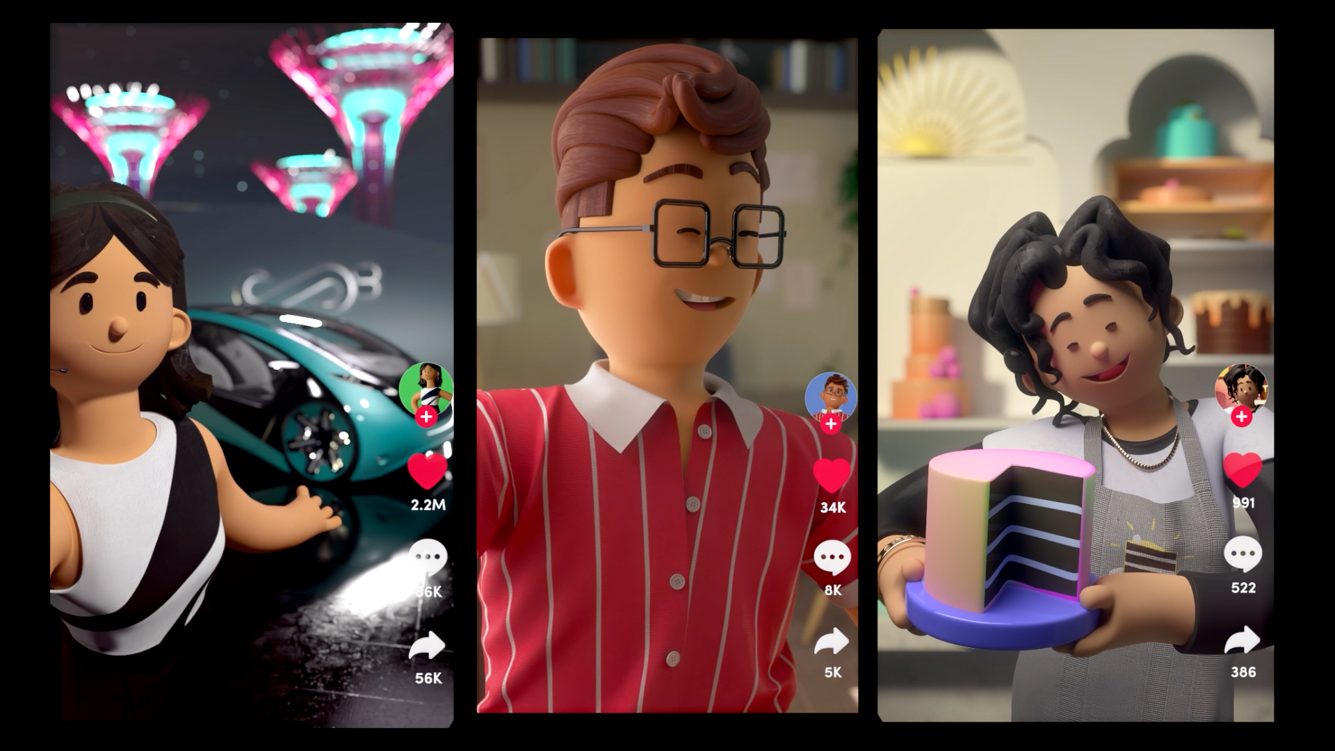 Three animated characters in different settings. The first character is a girl with dark hair, standing next to a teal sports car with city lights and futuristic buildings in the background. The second character is a smiling man with glasses, wearing