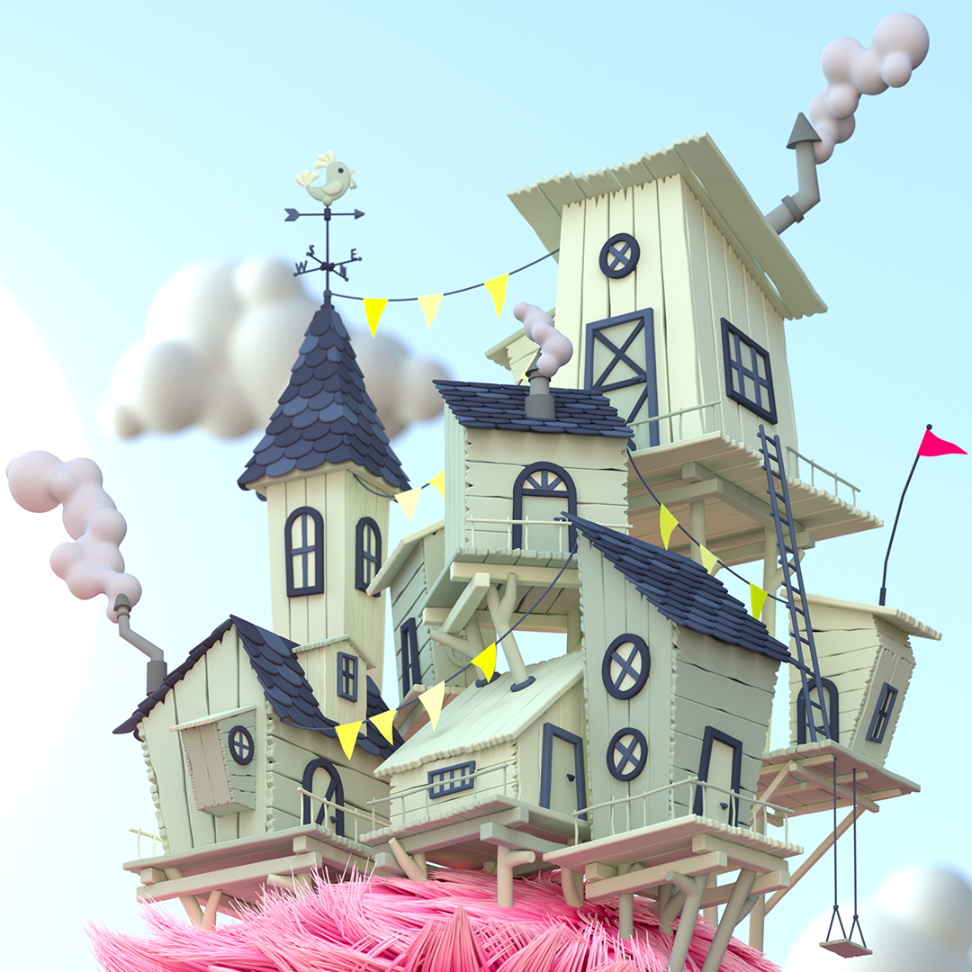 A whimsical, cartoon-style house with multiple levels, towers, and chimneys, built on a pink, fuzzy hill under a blue sky with clouds.