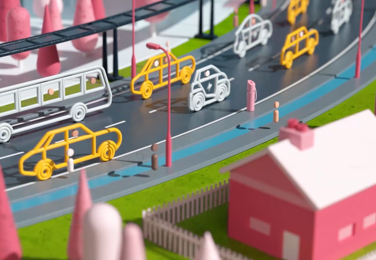 Colorful miniature city street with toy cars, bus, lane markings, pink streetlights, and a pink house, created as a detailed model.